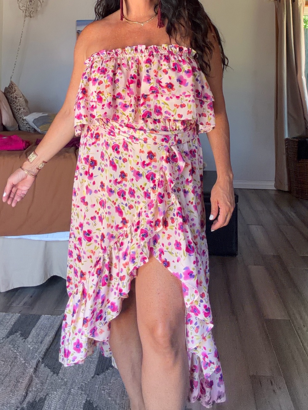 Misa Los Angeles Strapless Pink Floral Ruffle Midi Dress
